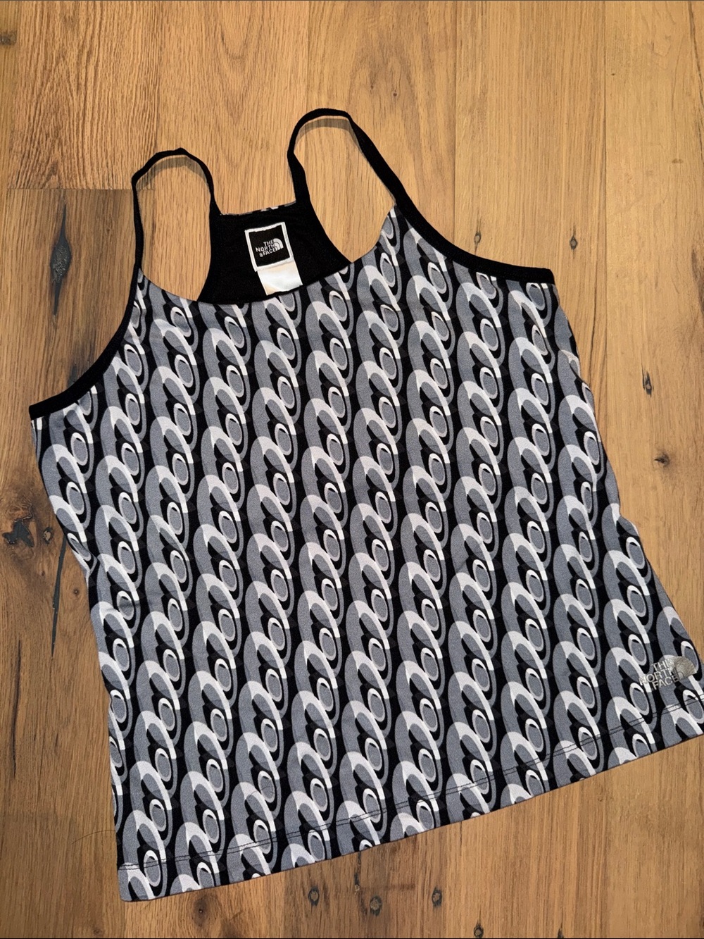 The North Face Black/Gray Geometric Chain-Print Athletic Racerback Tank L